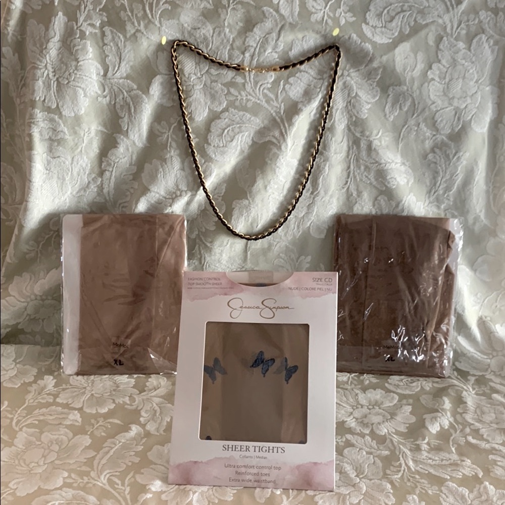 TRIFARI Gold Tone and Black Bead Twisted Necklace & 3 Pairs of Nude Stockings